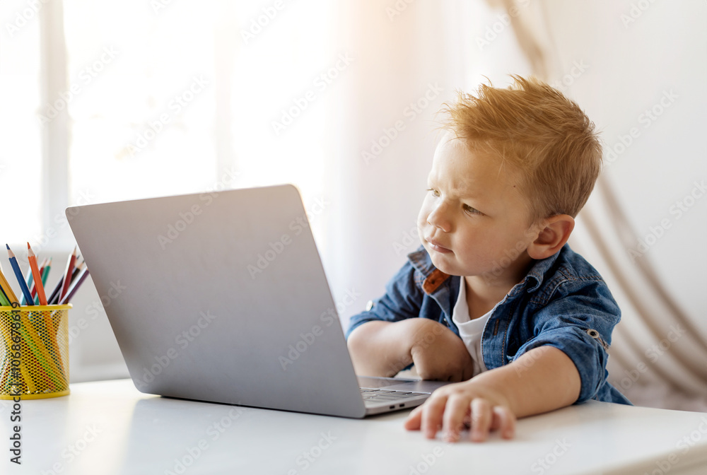 Portrait of little curious boy examines the screen of his laptop, seated at a cluttered desk with art supplies, illuminated by natural light streaming through a window. Portrait of little curious boy examines the screen of his laptop, seated at a cluttered desk with art supplies, illuminated by natural light streaming through a window.