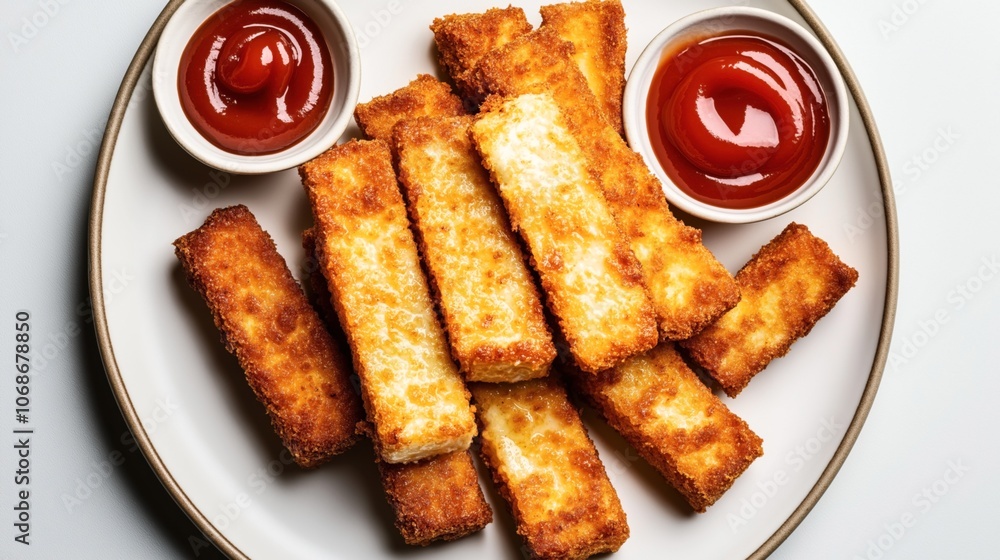 Crispy rectangular breaded cheese sticks served on a white plate with two small bowls of red dipping sauce. Crispy rectangular breaded cheese sticks served on a white plate with two small bowls of red dipping sauce.