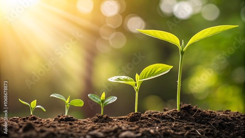 Seedling Growth in Sunlit Garden, rich soil, morning dew, golden hour V8