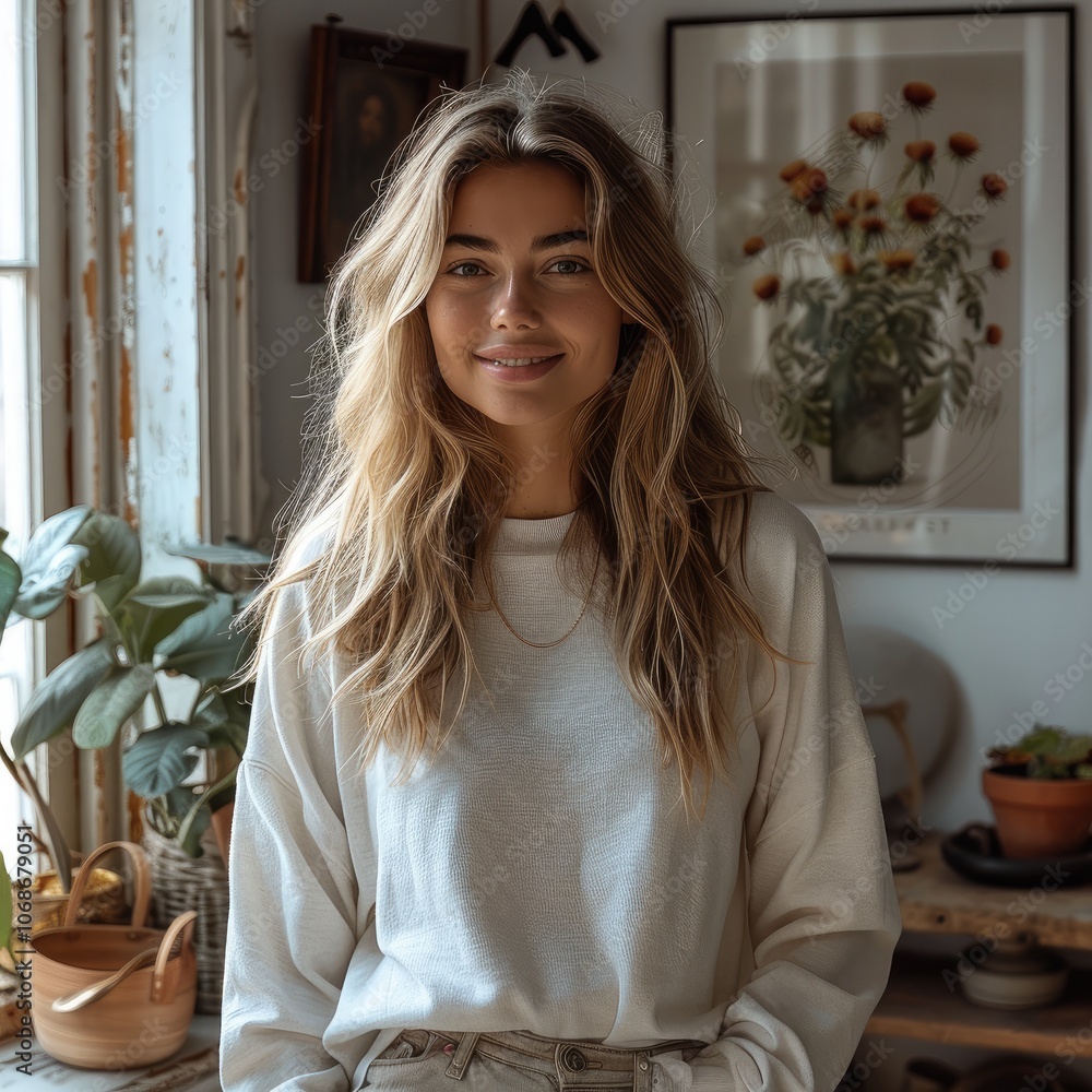 A beautiful happy woman, standing in the living room, with hanging a poster on the wall. A beautiful happy woman, standing in the living room, with hanging a poster on the wall.