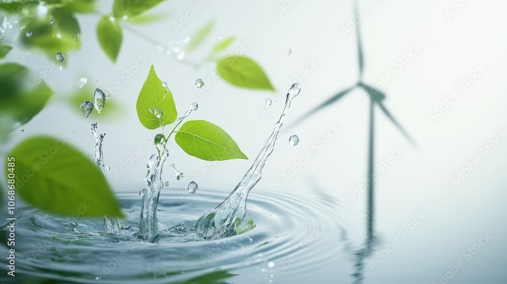 A clean and modern eco-friendly graphic design concept, with symbols of sustainability, like wind turbines, leaves, and clear water, emphasizing green solutions. A clean and modern eco-friendly graphic design concept, with symbols of sustainability, like wind turbines, leaves, and clear water, emphasizing green solutions.