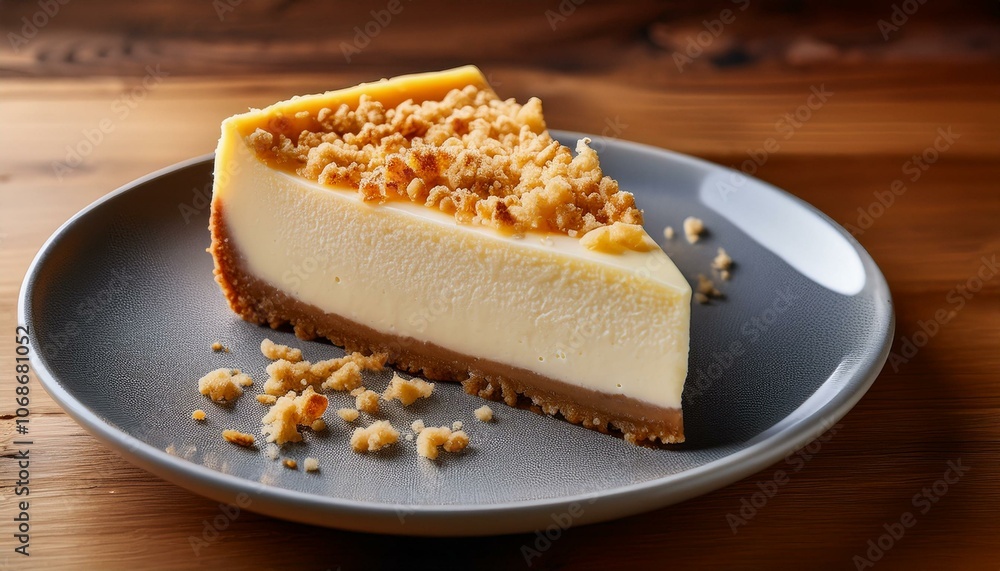 グレーのプレートに置かれたカットチーズケーキ、クリーミーな質感とクランブルのトッピングが引き立つシンプルで温かみのあるデザートシーン グレーのプレートに置かれたカットチーズケーキ、クリーミーな質感とクランブルのトッピングが引き立つシンプルで温かみのあるデザートシーン