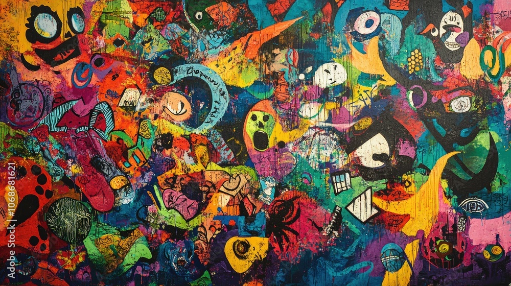 Fototapeta premium A colorful and expressive graffiti mural full of rebellious themes, representing the raw energy and dynamic spirit of urban culture, set in an urban environment.