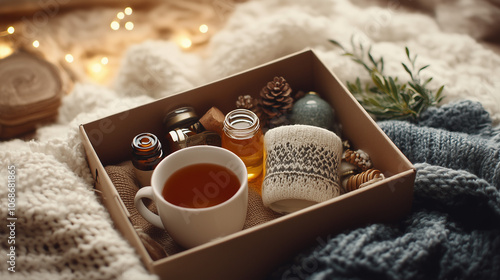 Winter wellness kit in an open box, including immune-boosting teas, essential oils, honey, and a comforting mug, warm and soft lighting creating a tranquil, wellness-focused feel photo