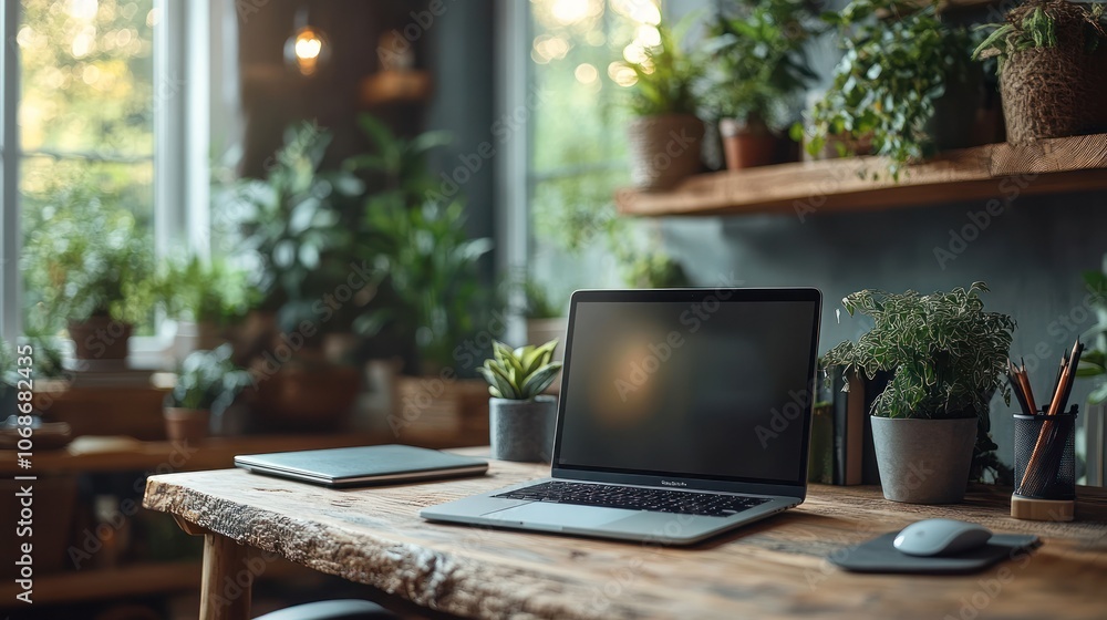 Laptop on a rustic wooden desk in a home office surrounded by plants. Laptop on a rustic wooden desk in a home office surrounded by plants.