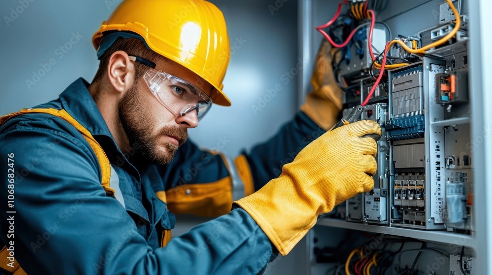 A focused technician in safety gear works on electrical components, ensuring proper connections in a control panel. A focused technician in safety gear works on electrical components, ensuring proper connections in a control panel.