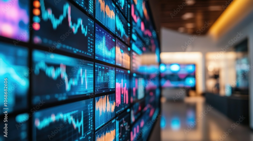 A detailed view of the SP 500 index on a big digital display, with colorful charts and numbers showing the latest market shifts and fluctuations. A detailed view of the SP 500 index on a big digital display, with colorful charts and numbers showing the latest market shifts and fluctuations.