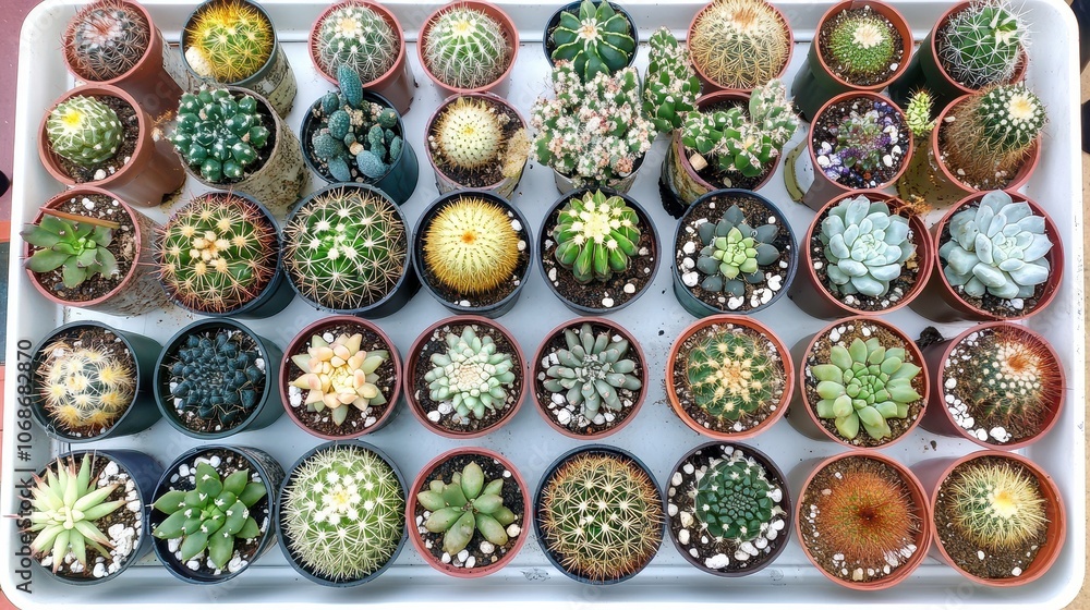Modern Cactus Collection on White Shelf Overhead View Modern Cactus Collection on White Shelf Overhead View