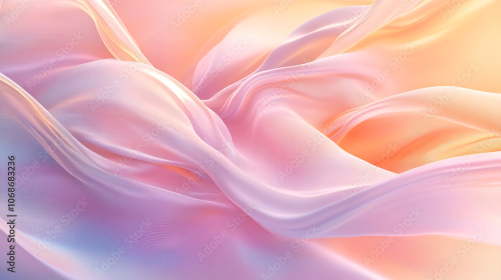 Obraz premium Soft flowing pastel fabric waves in a serene gradient background during sunrise