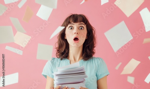 Surprised woman with big stack of paper documents, workload overtime concept