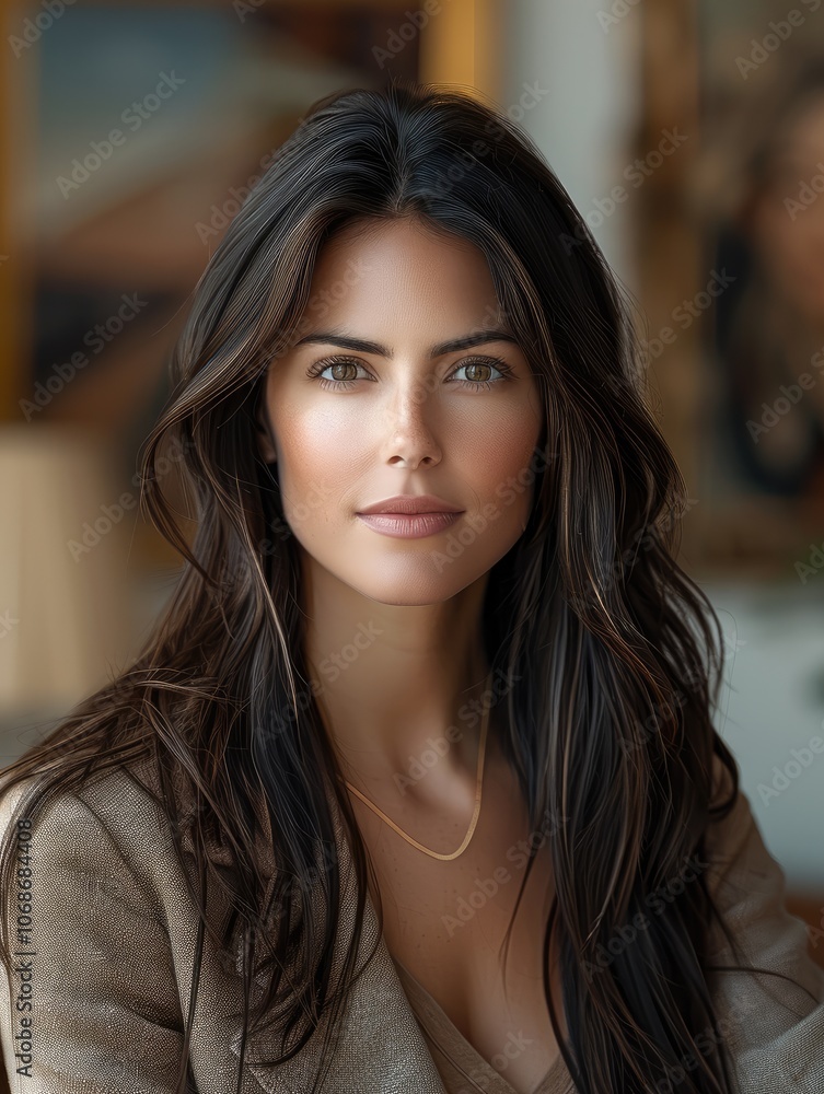 a 30-year-old art curator with long, dark hair and an elegant, refined appearance. Dress her in a sophisticated, formal outfit in warm, reflecting her appreciation for culture and art. a 30-year-old art curator with long, dark hair and an elegant, refined appearance. Dress her in a sophisticated, formal outfit in warm, reflecting her appreciation for culture and art.