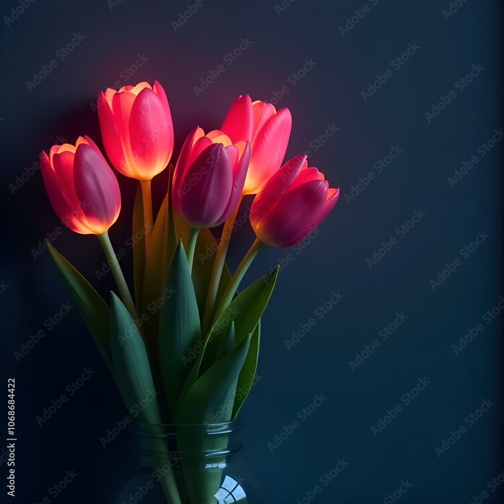 Bouquet Neon Red Pink Tulips Vase Dark Grey Black Background Postcard 8 March Women's Day Valentine Bouquet Neon Red Pink Tulips Vase Dark Grey Black Background Postcard 8 March Women's Day Valentine