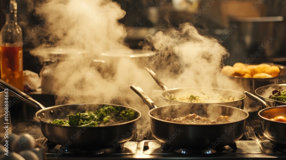 A Close-Up View of a Busy Kitchen with Steam Rising from Pots A Close-Up View of a Busy Kitchen with Steam Rising from Pots