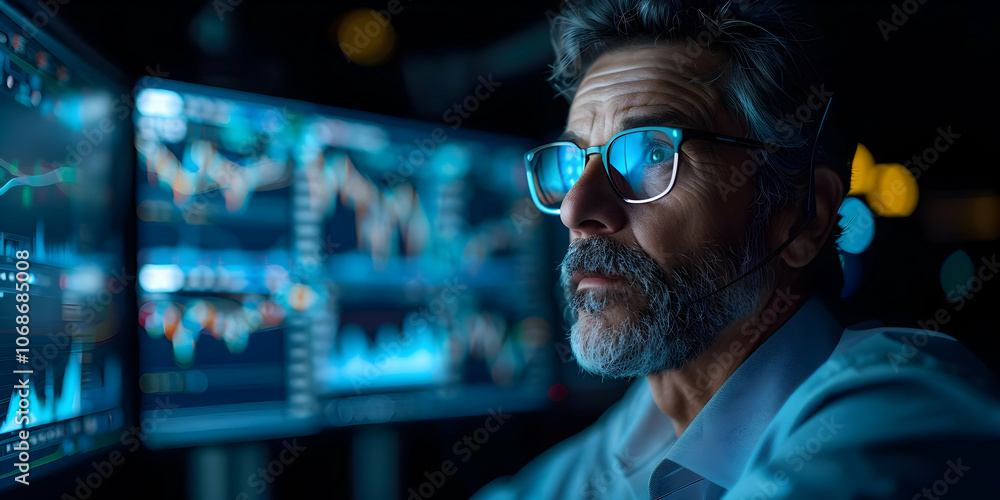 Photo Stock Trader Monitors Real-Time Charts on Multiple Screens in Office at Night Photo Stock Trader Monitors Real-Time Charts on Multiple Screens in Office at Night