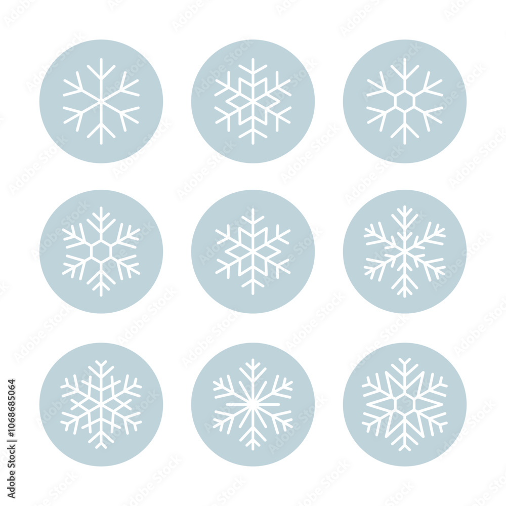 Set of white snowflakes icon on pastel blue background Set of white snowflakes icon on pastel blue background