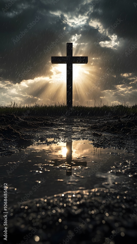 Naklejka premium A large cross standing in the middle of an empty field, surrounded by water and rain pouring down on it.