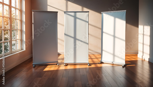 Roll-up banners in a warmly lit room  ideal for product display and branding in professional environments.