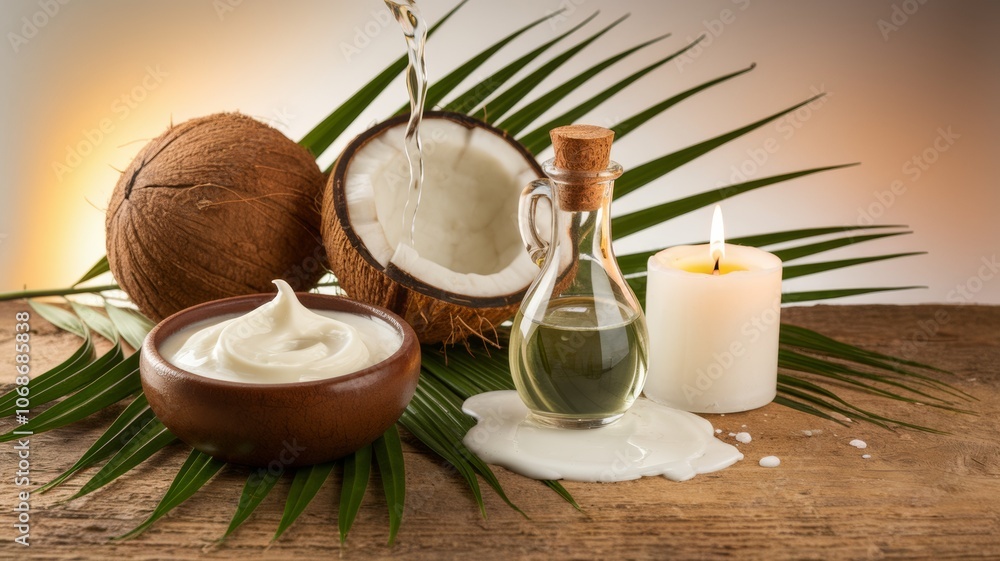 An advertising photo with a bowl filled with coconut mask or face oil, a glass bottle with coconut oil or essential oil, half a coconut from which fresh coconut water is poured and a candle. An advertising photo with a bowl filled with coconut mask or face oil, a glass bottle with coconut oil or essential oil, half a coconut from which fresh coconut water is poured and a candle.