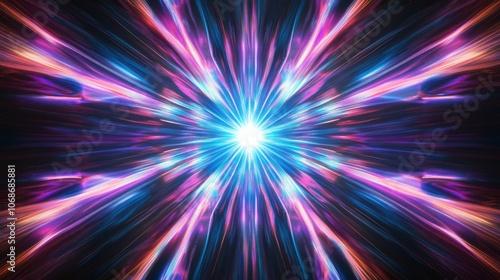 Abstract flight in retro neon starburst digital art with colorful radial lines on black