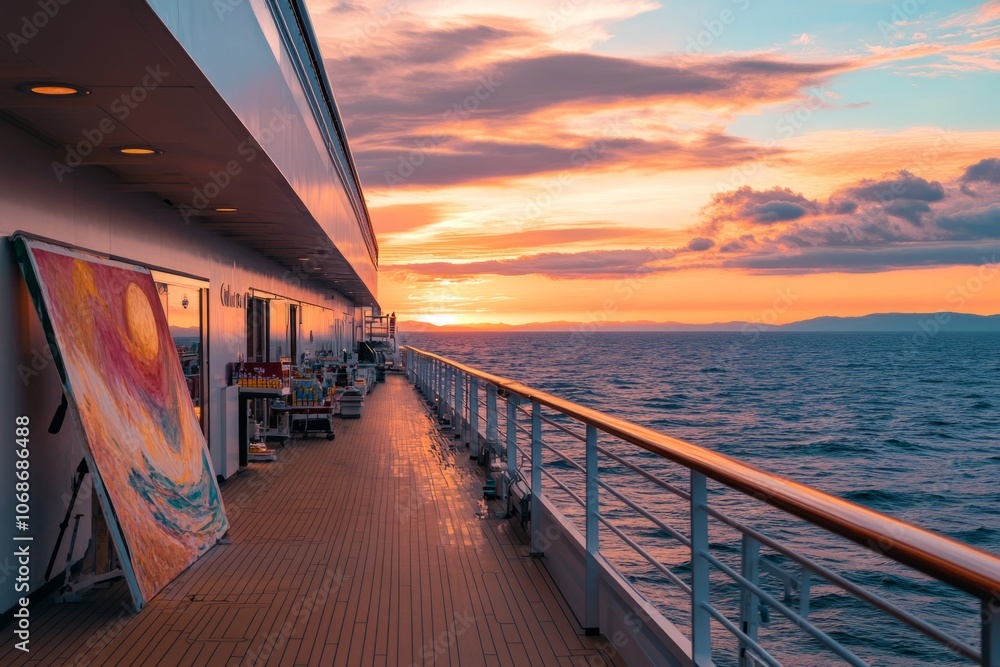 A stunning sunset view from a cruise ship. The vibrant colors reflect beautifully on the water. An artistic touch adds charm to the scene. Relaxing cruise experience. Generative AI A stunning sunset view from a cruise ship. The vibrant colors reflect beautifully on the water. An artistic touch adds charm to the scene. Relaxing cruise experience. Generative AI