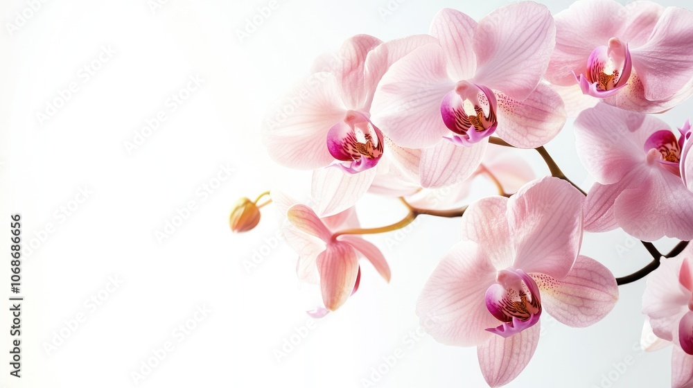 Delicate pink orchids bloom, showcasing their beauty and elegance against a soft background. Delicate pink orchids bloom, showcasing their beauty and elegance against a soft background.