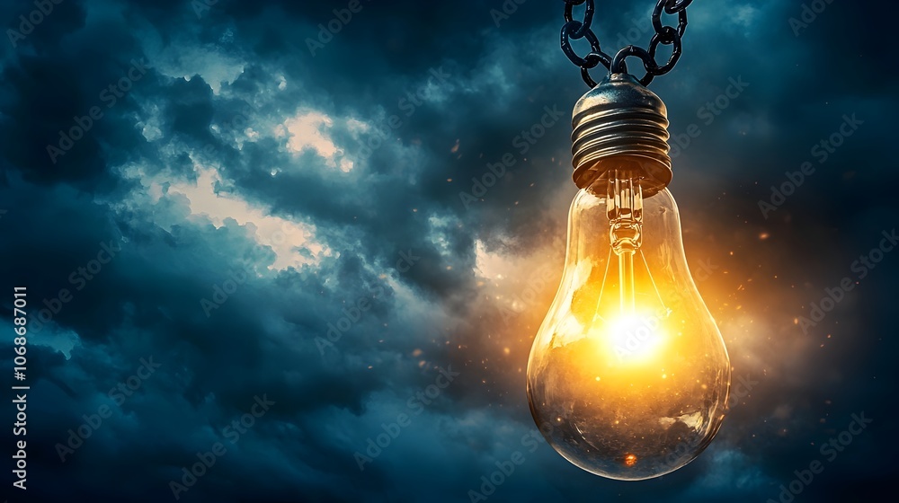 Φωτογραφία Glowing Light Bulb Breaking Free from Chains into Stormy Sky Signifying the of R