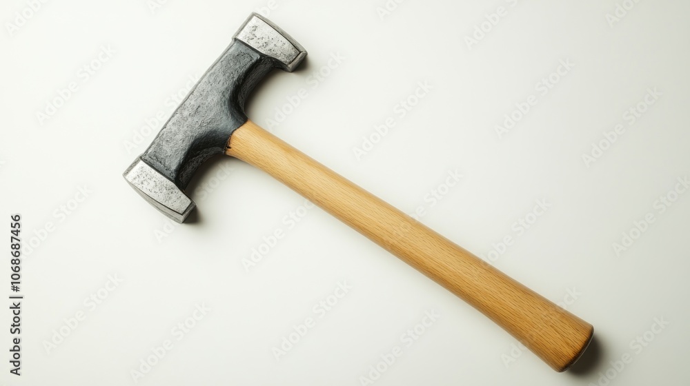 A heavy hammer with a wooden handle, used for construction and metalworking tasks. A heavy hammer with a wooden handle, used for construction and metalworking tasks.