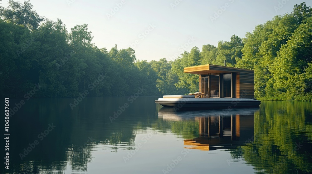 Obraz premium A sleek eco cabin boat glides across a calm, pristine lake, combining modern luxury with sustainable design, surrounded by lush green forests and clear skies.