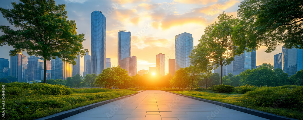 Fototapeta premium Photo - City Park Sunset, Modern Buildings, Green Trees, Urban Landscape