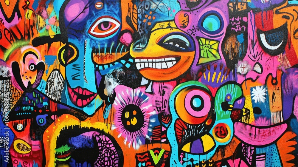 A street art mural with a rebellious attitude, featuring bright, energetic graffiti and expressive urban culture symbols, embodying the power of individuality and resistance. A street art mural with a rebellious attitude, featuring bright, energetic graffiti and expressive urban culture symbols, embodying the power of individuality and resistance.