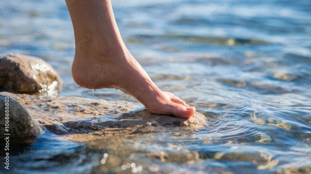 Feet treading on a smooth relief stone at the water's edge. Droplets of water glisten on the foot, which enhances the feeling of freshness and vitality. Feet treading on a smooth relief stone at the water's edge. Droplets of water glisten on the foot, which enhances the feeling of freshness and vitality.