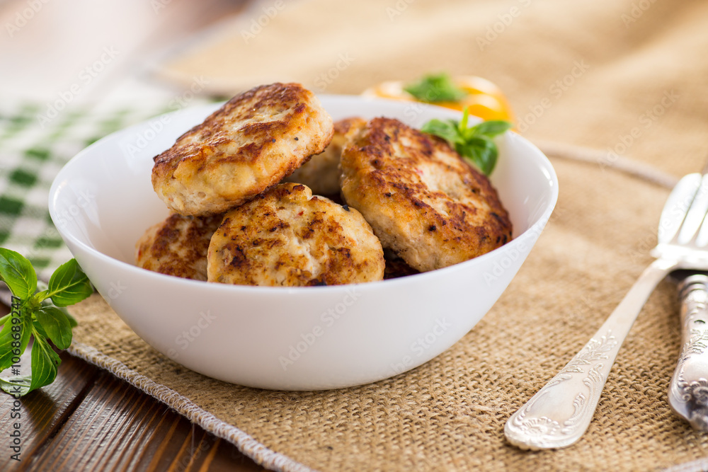 fried chicken cutlets in a bowl on a wooden table fried chicken cutlets in a bowl on a wooden table