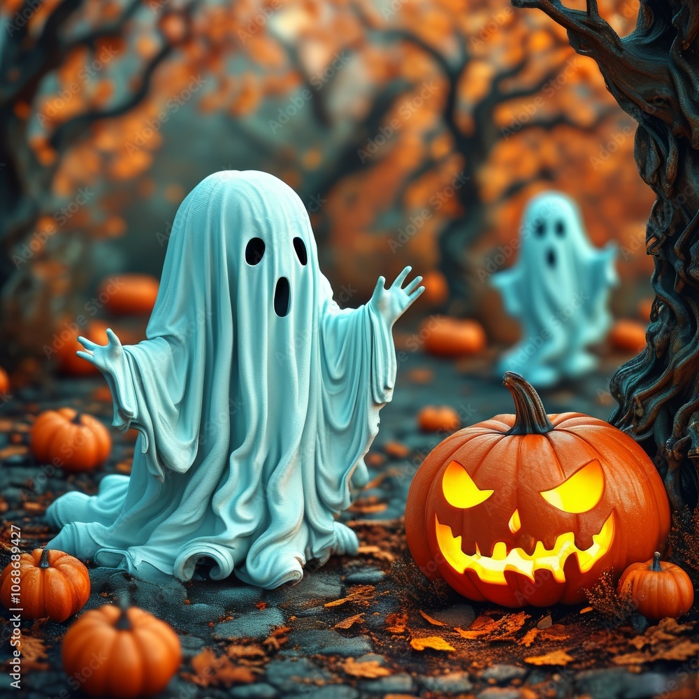 a little ghost in white robes, flying in the autumn forest, among the pumpkins growing there, causing fear and panic