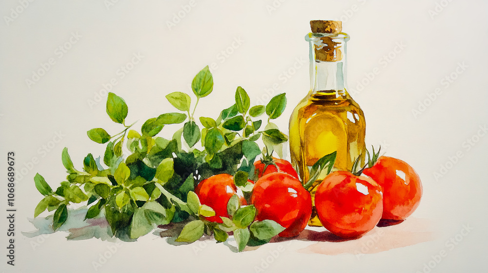 A painting of a bottle of olive oil and a bunch of green herbs and tomatoes A painting of a bottle of olive oil and a bunch of green herbs and tomatoes