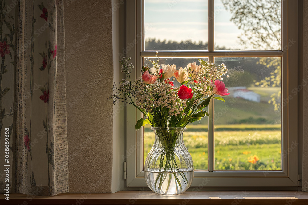 Elegant bouquet of tulips and gypsophila in a glass vase on a windowsill with a scenic view Elegant bouquet of tulips and gypsophila in a glass vase on a windowsill with a scenic view