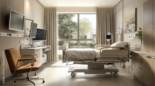 Modern hospital room with a bed, equipment, and natural light.