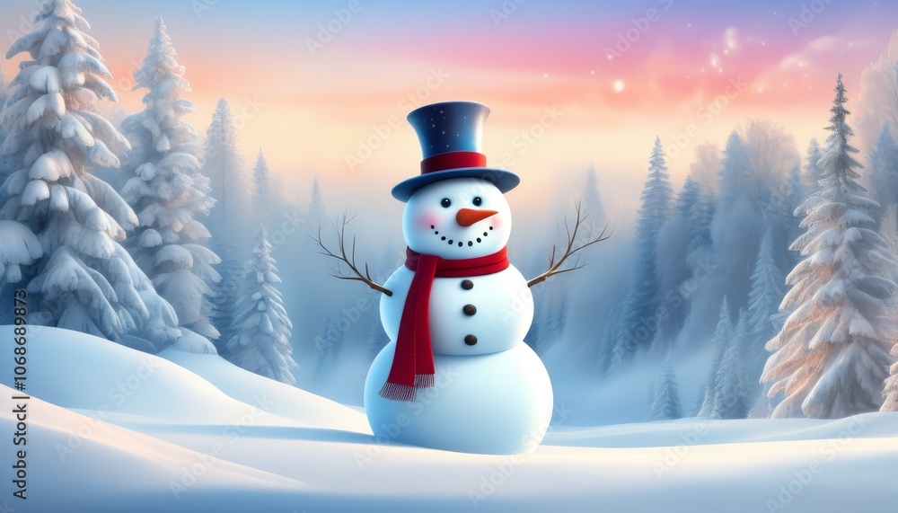 Smiling cheerful snowman in a hat and scarf in a winter snow-covered forest, winter background Smiling cheerful snowman in a hat and scarf in a winter snow-covered forest, winter background