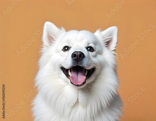 Cute portrait of a happy, excited dog on a bright background 