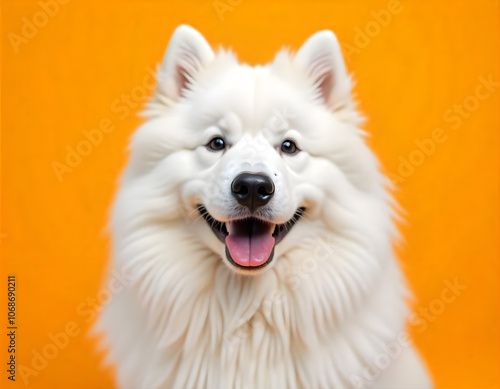 Cute portrait of a happy, excited dog on a bright background 