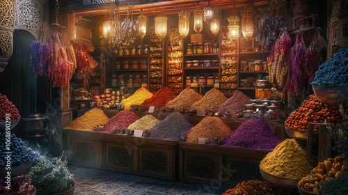 A vibrant, sensory-filled Arabian street market stall, showcasing a rich variety of spices, herbs, and dried flowers, evoking the beauty and fragrance of the region.
