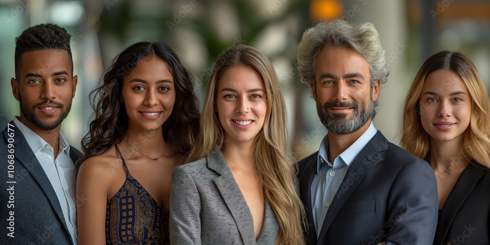 A diverse business team mmembers in formal clothing posing together with happy expressions. AI generated A diverse business team mmembers in formal clothing posing together with happy expressions. AI generated