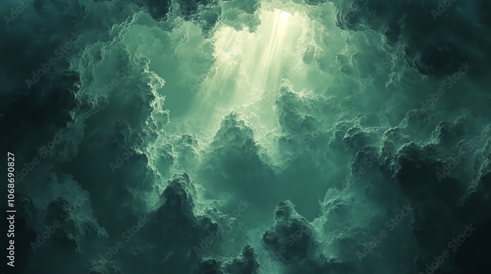 Ray of sunlight breaking through storm clouds, illuminating one spot, 3D illustration Ray of sunlight breaking through storm clouds, illuminating one spot, 3D illustration