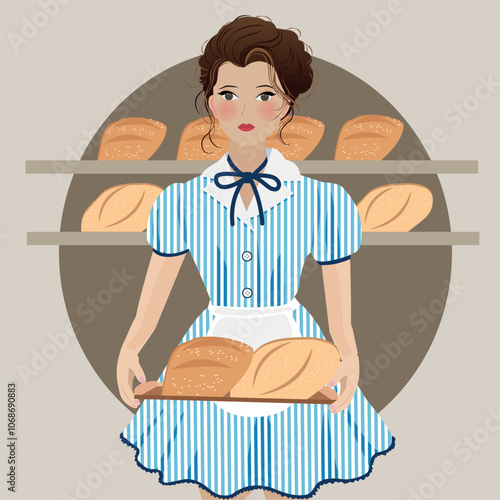the saleswoman is holding a tray with bread. vector image. Bakery and fresh pastries