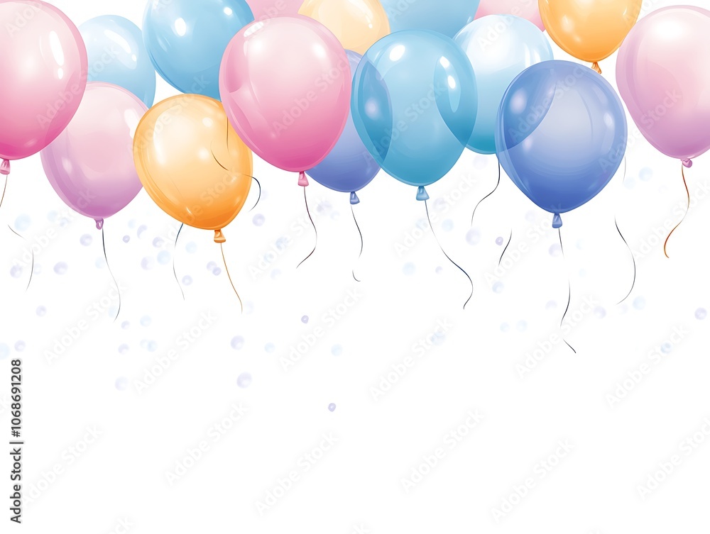 Pastel-colored balloons with strings and confetti against a white background Pastel-colored balloons with strings and confetti against a white background