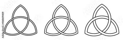Triquetra symbol. Celtic trinity knot sign. Viking and pagan logo label. Christianity holy trinity. Vector illustration image.