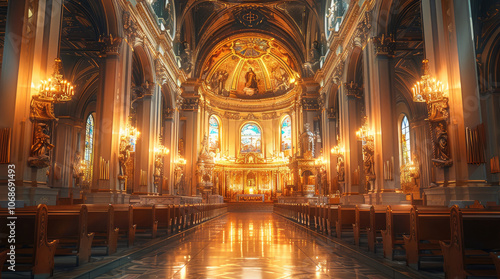 A warm church interior, bathed in soft, golden light. ornate ceilings with grand arches and pillars adorned with gold accents. Stained glass windows cast colorful, The altar is illuminated by candles.