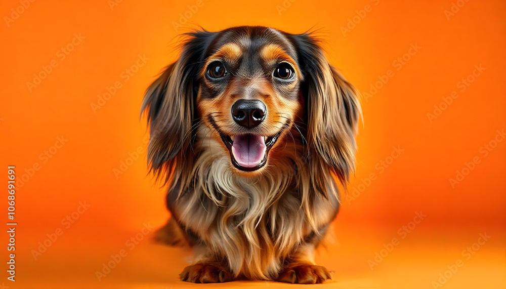 Portrait of a cute excited, healthy dog with shiny fur against a studio background Portrait of a cute excited, healthy dog with shiny fur against a studio background