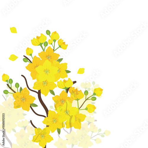 Apricot blossom tree branch with yellow flowers 