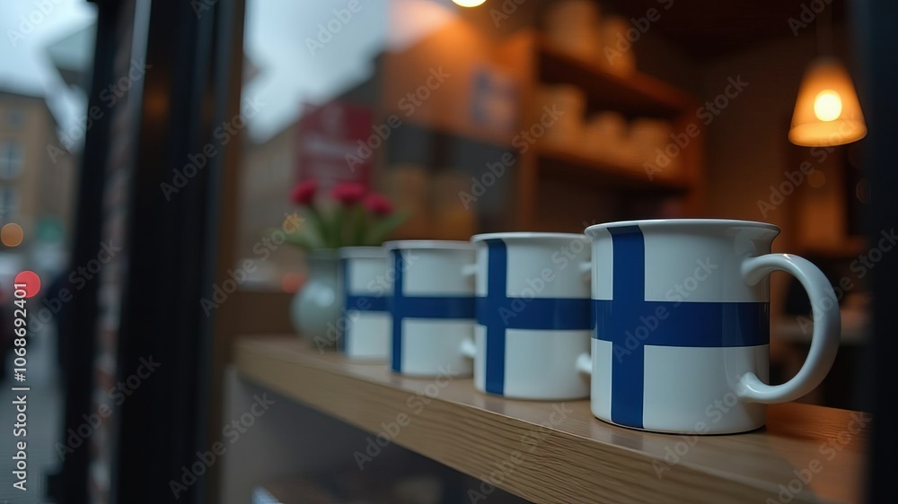 Finnish flag mugs on display in cafe window reflecting winter street for finland independence day celebration Finnish flag mugs on display in cafe window reflecting winter street for finland independence day celebration
