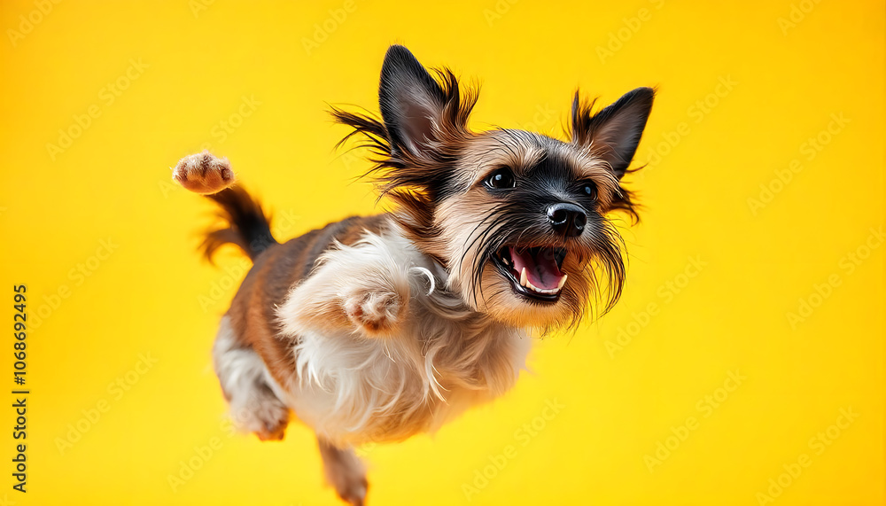 Naklejka premium Portrait of a cute excited, healthy dog with shiny fur against a studio background